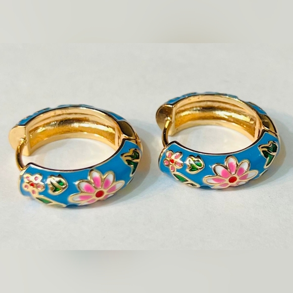 Revolve Petit Moments Art Deco Floral Enamel Mini Hoops in Blue - Picture 6 of 7